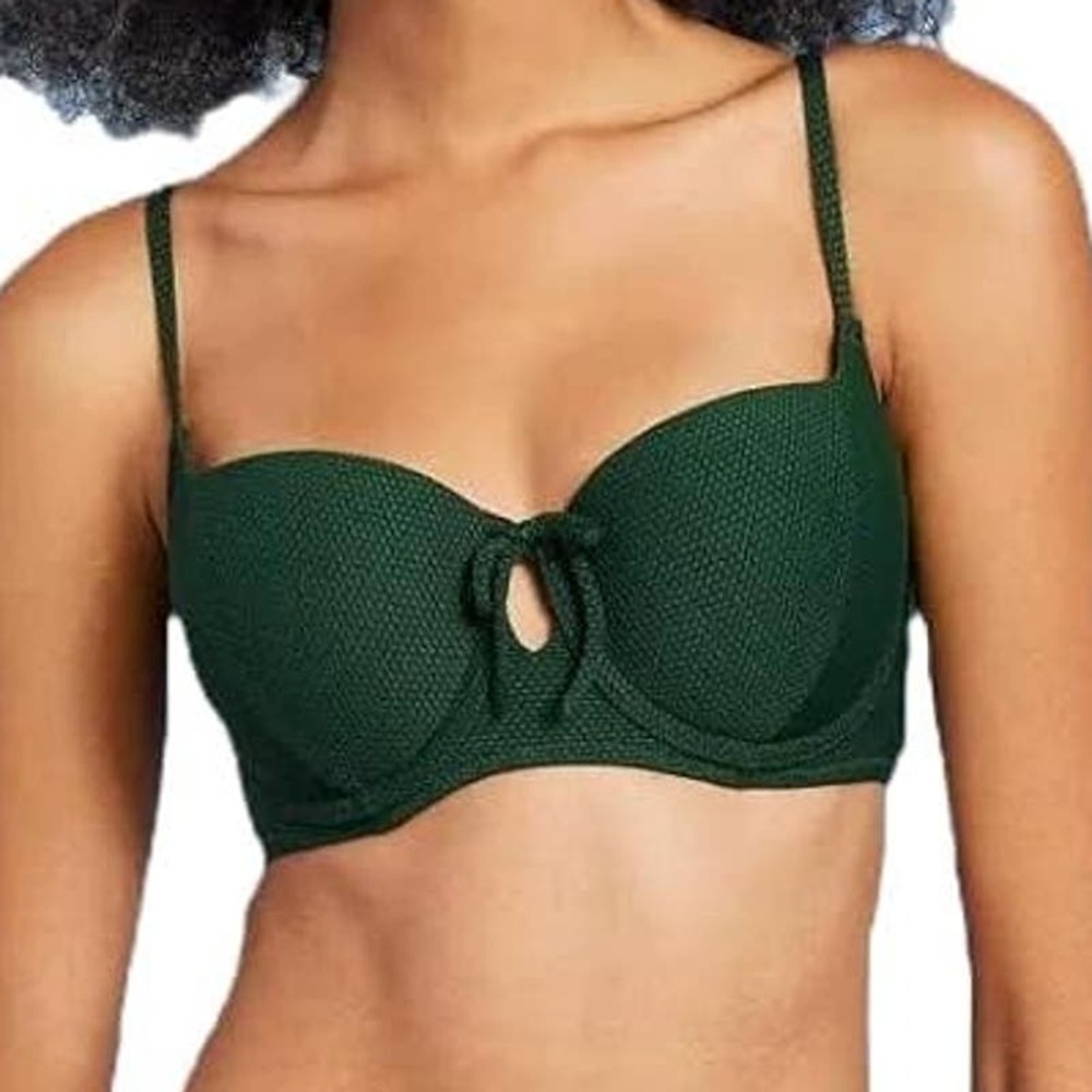 NWT Shade & Shore Tie Front Underwired Textured Bikini Bra Dark Green Women 36DD